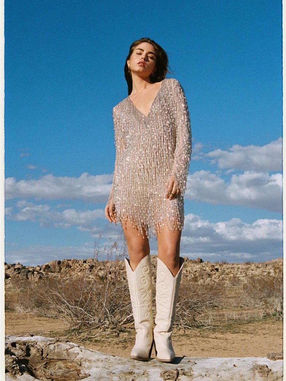 Beaded Fringe Mini Dress in Champagne
